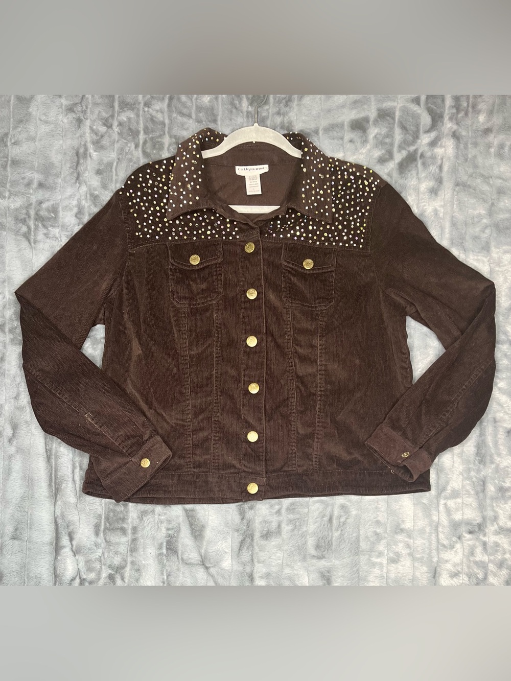 Cathy Daniels Brown Corduroy Jacket Womens L Studded Rhinestone Embellished Y2K